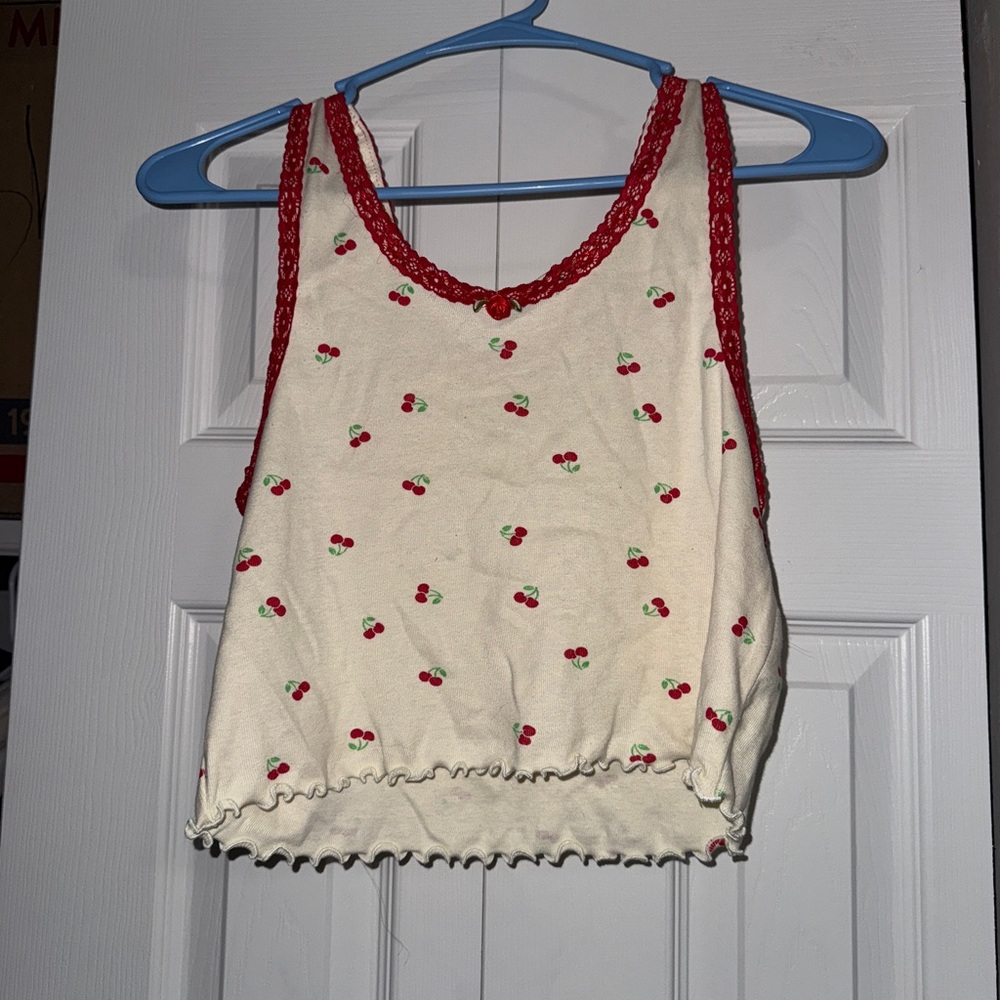 Love Cream Cherry Print Tank Top with Red Trim
